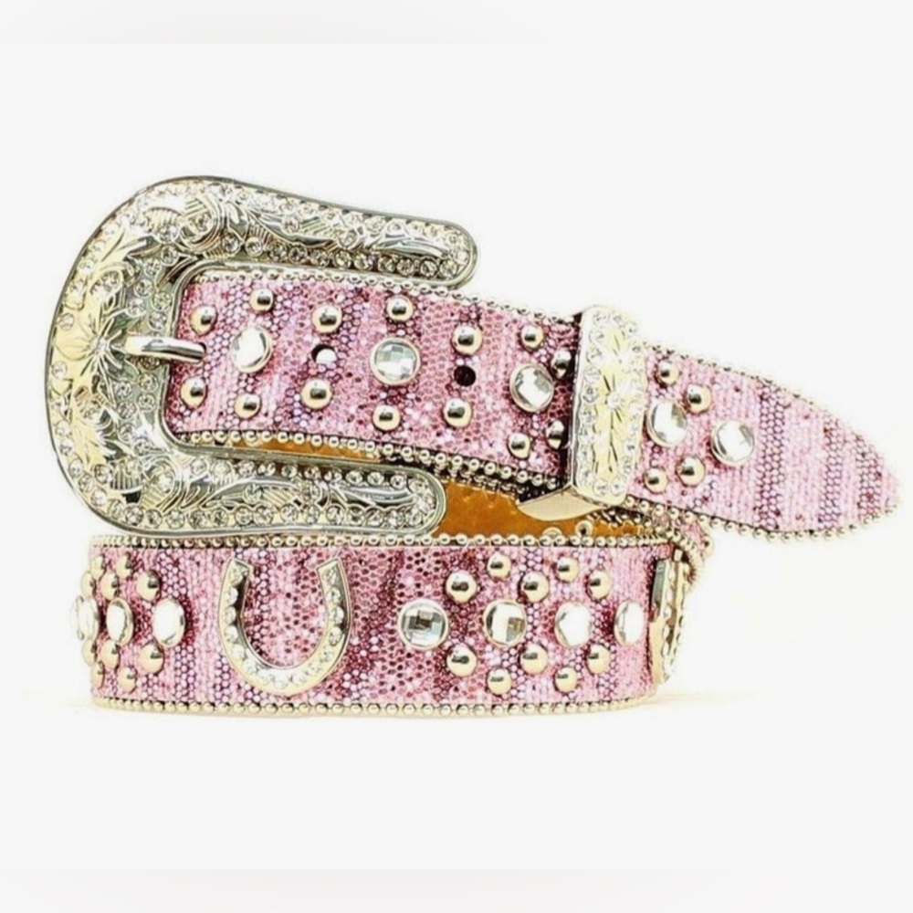 Nocona Rhinestone Studded Pink Leather Fashion Belt